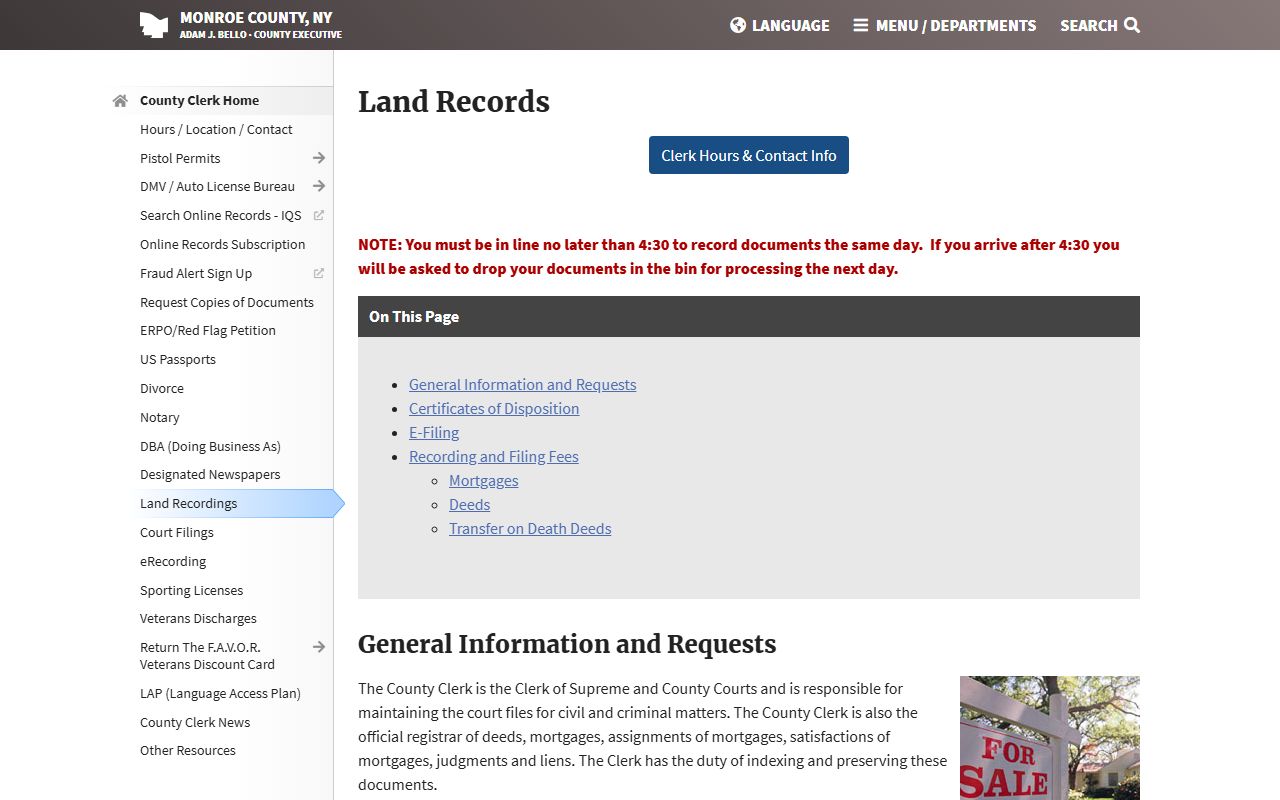 Monroe County Clerk court records and filing fee page