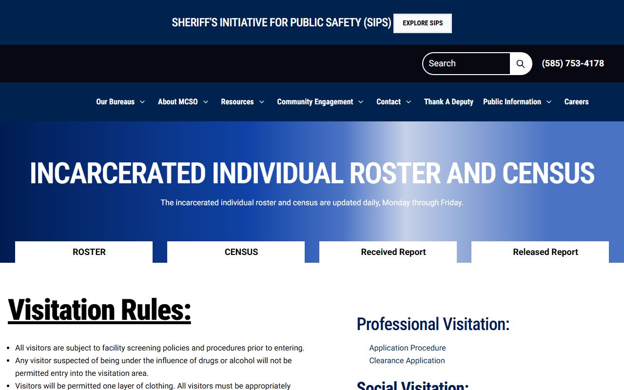 Monroe County Sheriff incarcerated individual roster, census, and visitation
