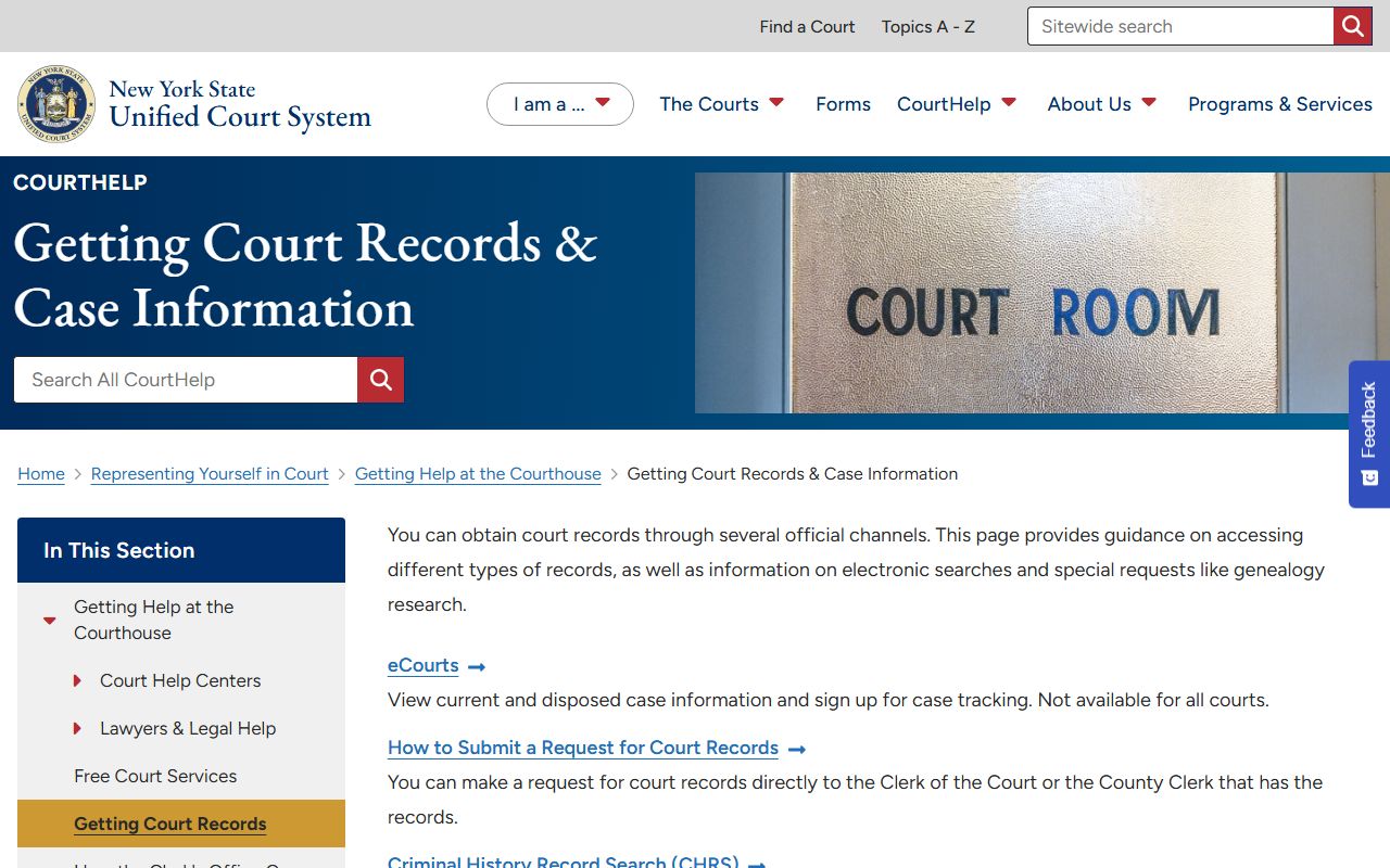 NY Courts going to court records and case information help page