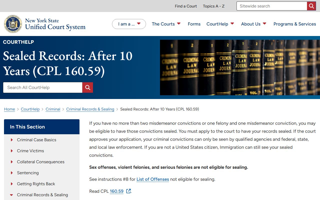 NY Courts guide to sealing Monroe County criminal records after 10 years under CPL 160.59