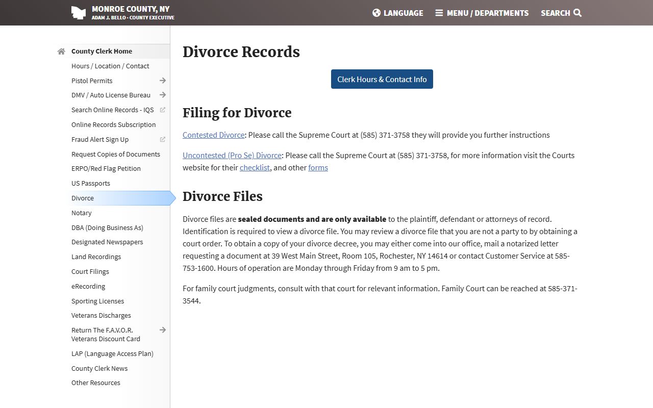 Monroe County Clerk marriage and divorce record access information